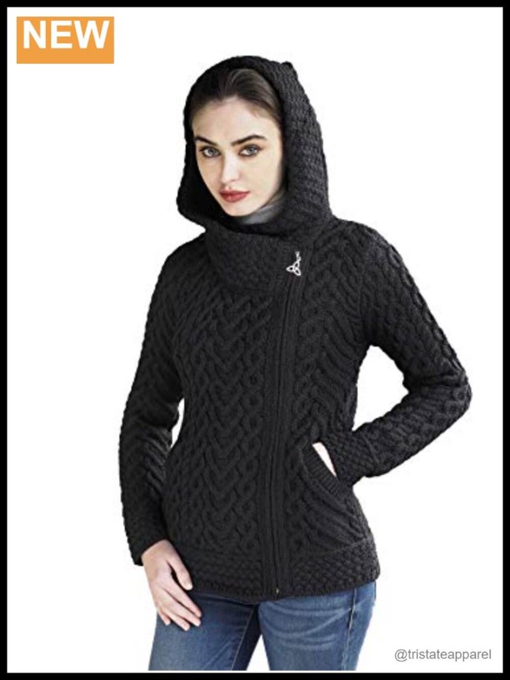Aran Crafts Merino Wool Hooded Cardigan Side Zip Regular Fit Long Sleeve